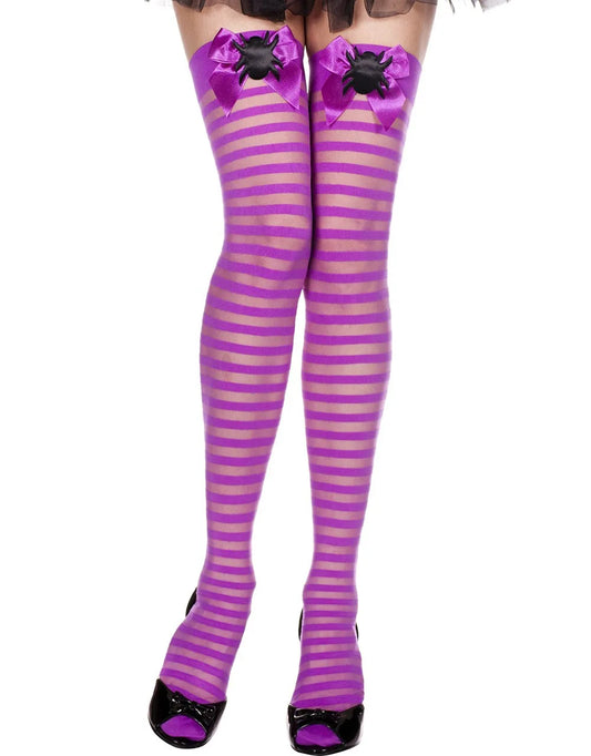 Bas rayés violet avec noeuds satinés et araignées Halloween