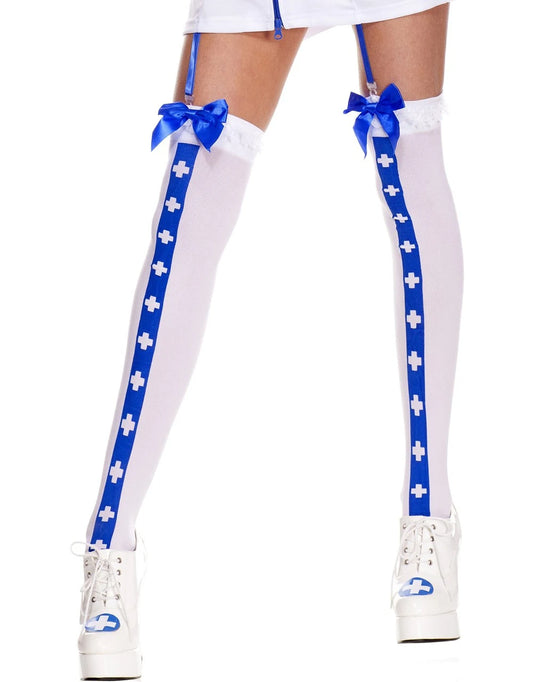 Bas sexy blanc avec bande bleu croix infirmière et noeuds satinés